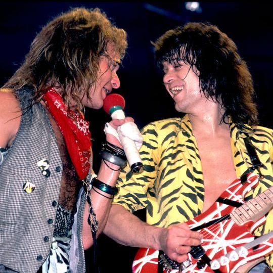 David Lee Roth and Eddie Van Halen of Van Halen on 1/18/84 in Jacksonville, Il. (Photo by Paul Natkin/WireImage)