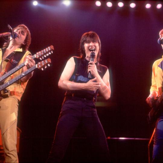 Left to right, Jonathan Cain, Steve Perry and Ross Valory of Journey perform at the Rosemont Horizon in Rosemont, Illinois, June 10, 1983. (Photo by Paul Natkin/Getty Images)
