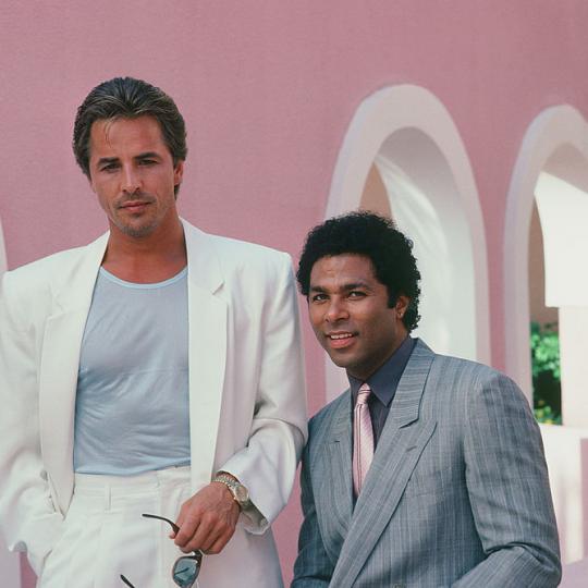 MIAMI VICE -- Season 2 -- Pictured: (l-r) Don Johnson as Detective James 'Sonny' Crockett, Philip Michael Thomas as Detective Ricardo 'Rico' Tubbs (Photo by NBCU Photo Bank/NBCUniversal via Getty Images via Getty Images)