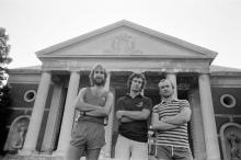 Genesis (Phil Collins, Mike Rutherford and Tony Banks) ahead of a concert in Saratoga Springs, New York State. 26th August 1982. (Photo by Michael Brennan/Mirrorpix/Getty Images)