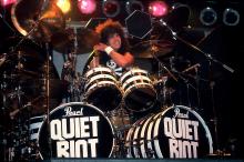 American Rock musician Frankie Banali, of the band Quiet Riot, performs onstage, Des Moines, Iowa, August 20, 1984. (Photo by Paul Natkin/Getty Images)
